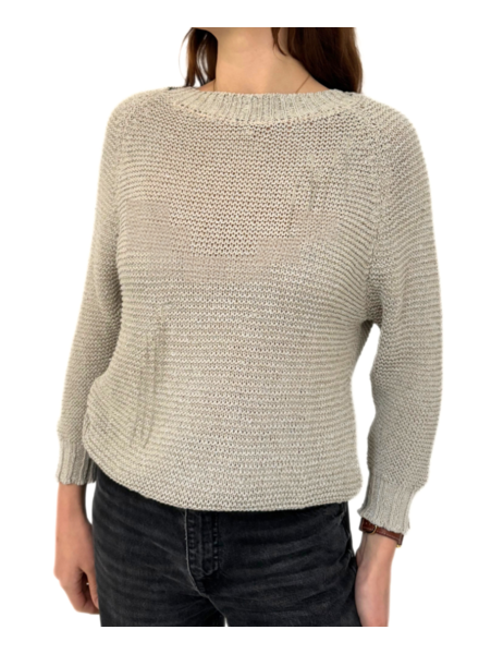 COTTON-LINEN-LUREX CREWNECK W/ CHAIN: BEIGE-SILVER
