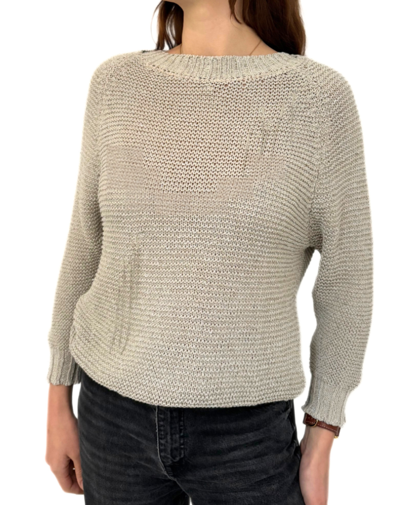COTTON-LINEN-LUREX CREWNECK W/ CHAIN: BEIGE-SILVER