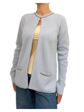 CARDIGAN W/ LUREX TRIM AND HI-LOW HEM: LIGHT BLUE