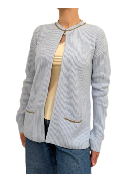 CARDIGAN W/ LUREX TRIM AND HI-LOW HEM: LIGHT BLUE