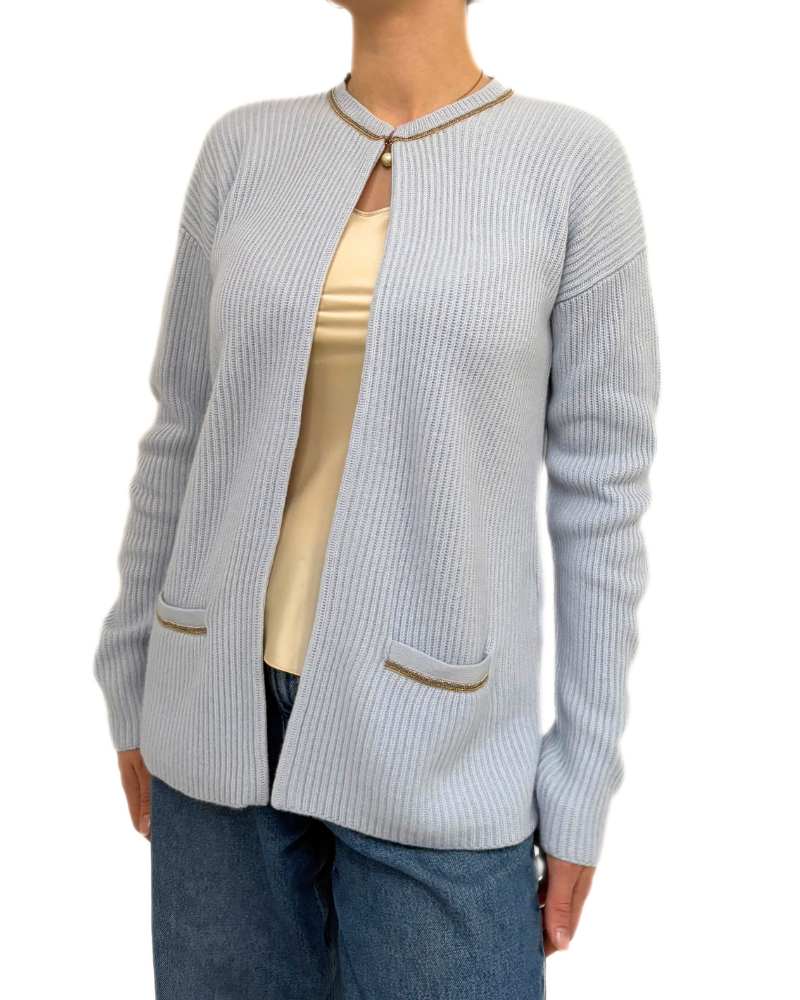 CARDIGAN W/ LUREX TRIM AND HI-LOW HEM: LIGHT BLUE