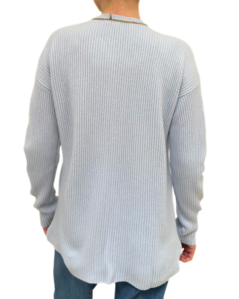 CARDIGAN W/ LUREX TRIM AND HI-LOW HEM: LIGHT BLUE