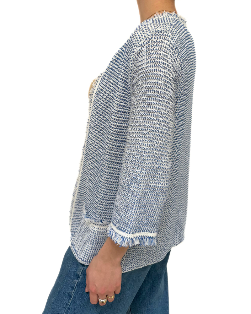 LINEN-COTTON SWEATER W/ FRINGES: AZURE-WHITE