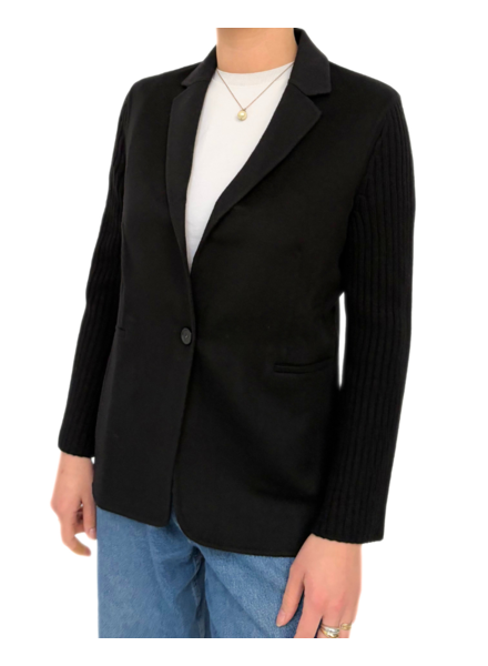 DF CASHMERE-WOOL W/ KNIT ARMS 1-BUTTON BLAZER: BLACK-BLACK