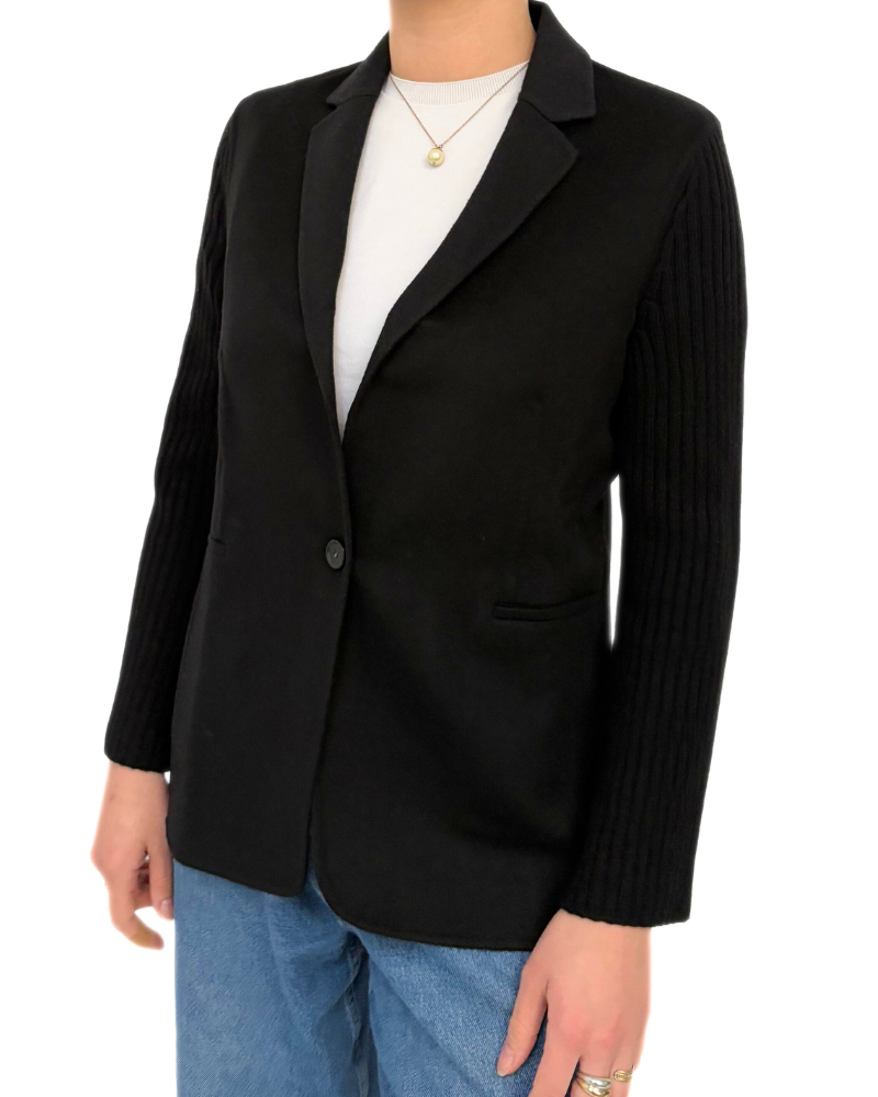 DF CASHMERE-WOOL W/ KNIT ARMS 1-BUTTON BLAZER: BLACK-BLACK