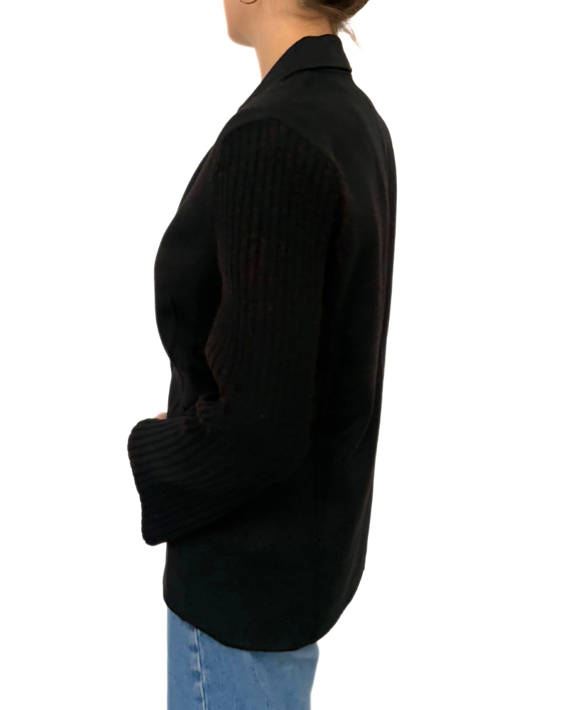 DF CASHMERE-WOOL W/ KNIT ARMS 1-BUTTON BLAZER: BLACK-BLACK