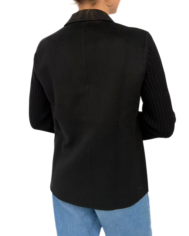DF CASHMERE-WOOL W/ KNIT ARMS 1-BUTTON BLAZER: BLACK-BLACK