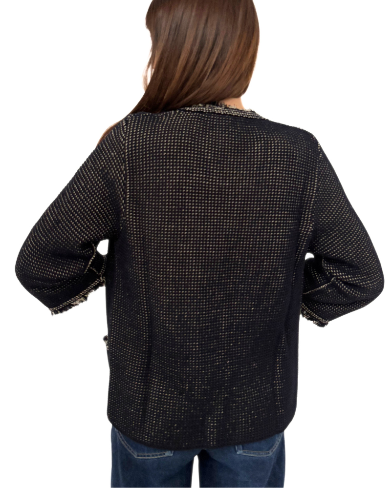 LINEN-COTTON JACKET WITH FRINGES: NAVY-BEIGE