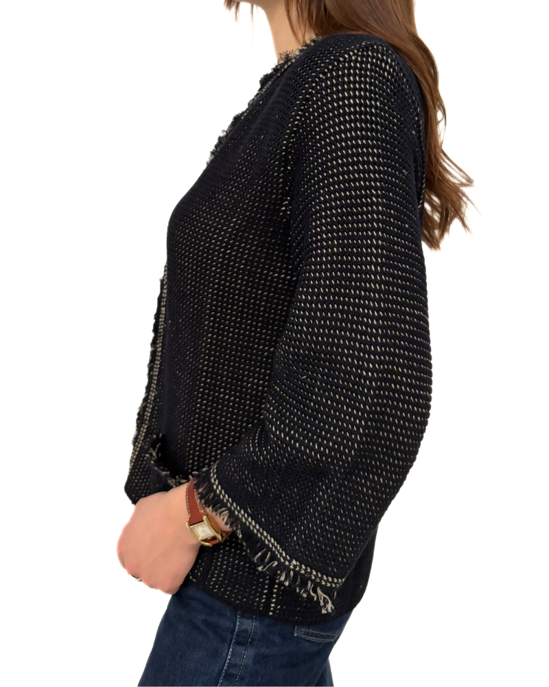 LINEN-COTTON JACKET WITH FRINGES: NAVY-BEIGE
