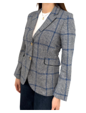 WOOL-SILK-LINE 2 BUTTON BLAZER W/ LEATHER DETAILS: NAVY PLAID