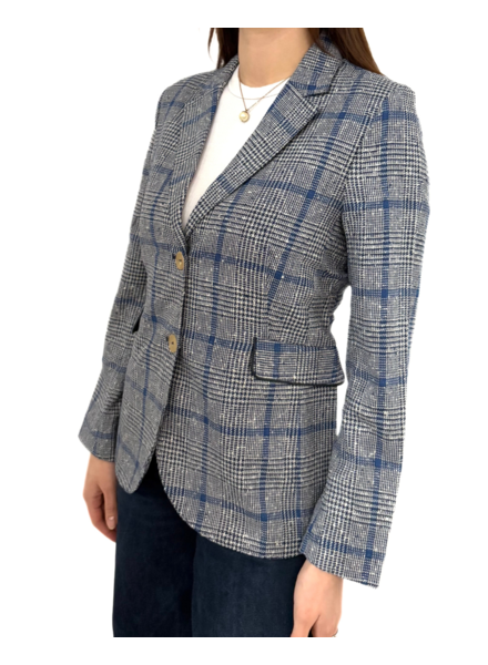 WOOL-SILK-LINE 2 BUTTON BLAZER W/ LEATHER DETAILS: NAVY PLAID