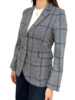 WOOL-SILK-LINE 2 BUTTON BLAZER W/ LEATHER DETAILS: NAVY PLAID
