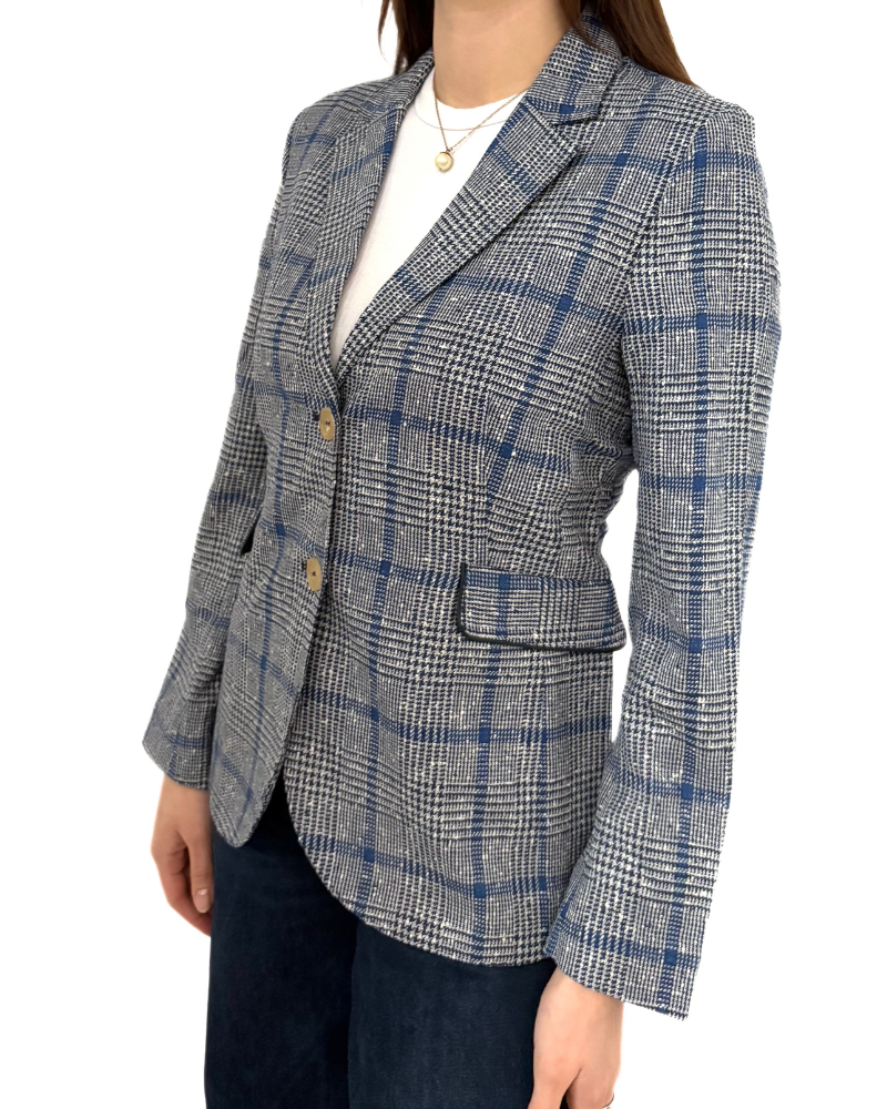 WOOL-SILK-LINE 2 BUTTON BLAZER W/ LEATHER DETAILS: NAVY PLAID