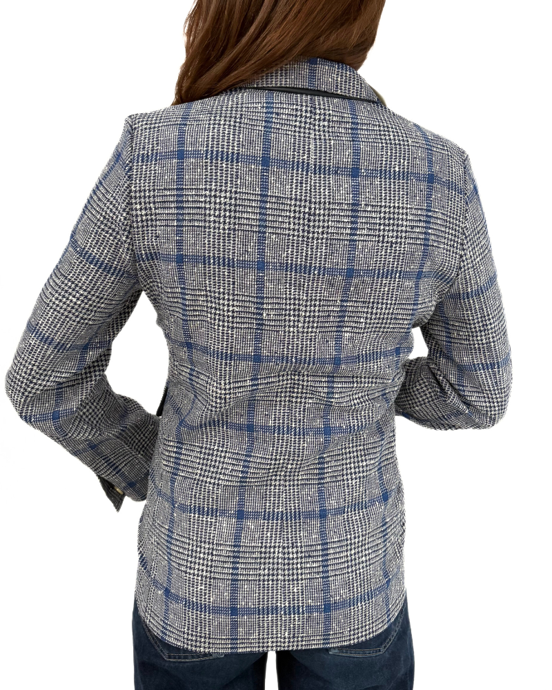 WOOL-SILK-LINE 2 BUTTON BLAZER W/ LEATHER DETAILS: NAVY PLAID