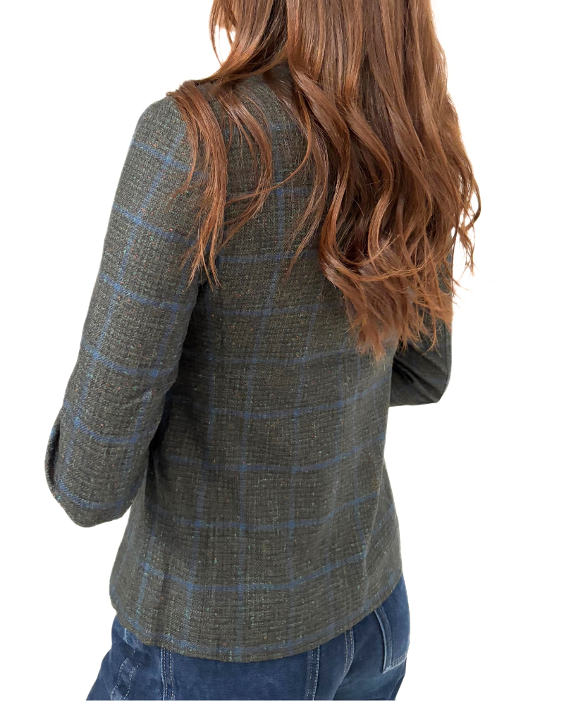 WOOL-CASHMERE-SILK 2 BUTTON BLAZER W/ LEATHER DETAILS: GREEN PLAID