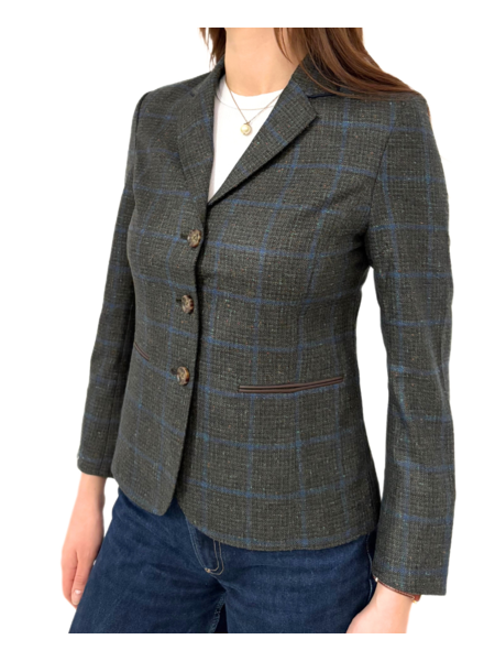 WOOL-CASHMERE-SILK 2 BUTTON BLAZER W/ LEATHER DETAILS: GREEN PLAID