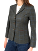WOOL-CASHMERE-SILK 2 BUTTON BLAZER W/ LEATHER DETAILS: GREEN PLAID