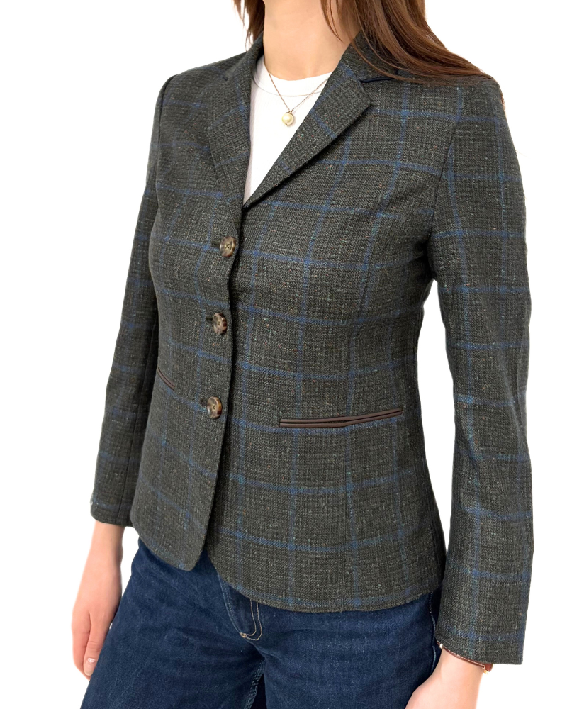 WOOL-CASHMERE-SILK 2 BUTTON BLAZER W/ LEATHER DETAILS: GREEN PLAID