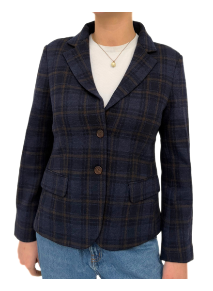 PLAID DESIGN JACKET: NAVY-BROWN