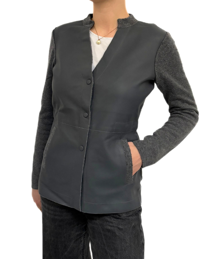 CASHMERE JACKET WITH LEATHER FRONT: ANTHRACITE