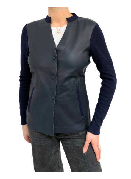 CASHMERE JACKET WITH LEATHER FRONT: NAVY
