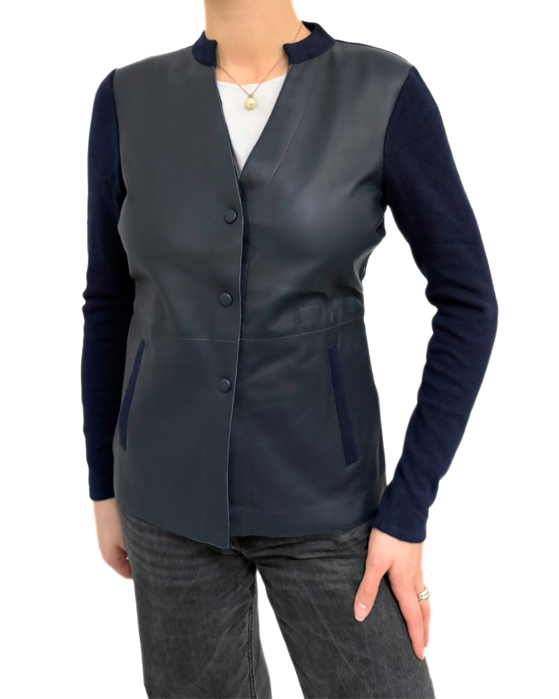 CASHMERE JACKET WITH LEATHER FRONT: NAVY