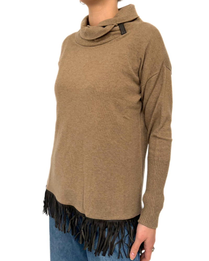 CASHMERE TUNIC WITH FRINGES, TOBACCO