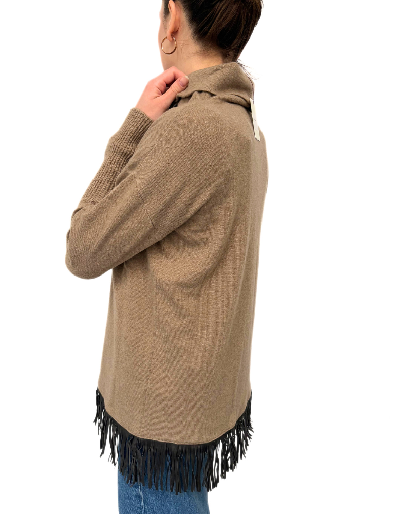 CASHMERE TUNIC WITH FRINGES, TOBACCO