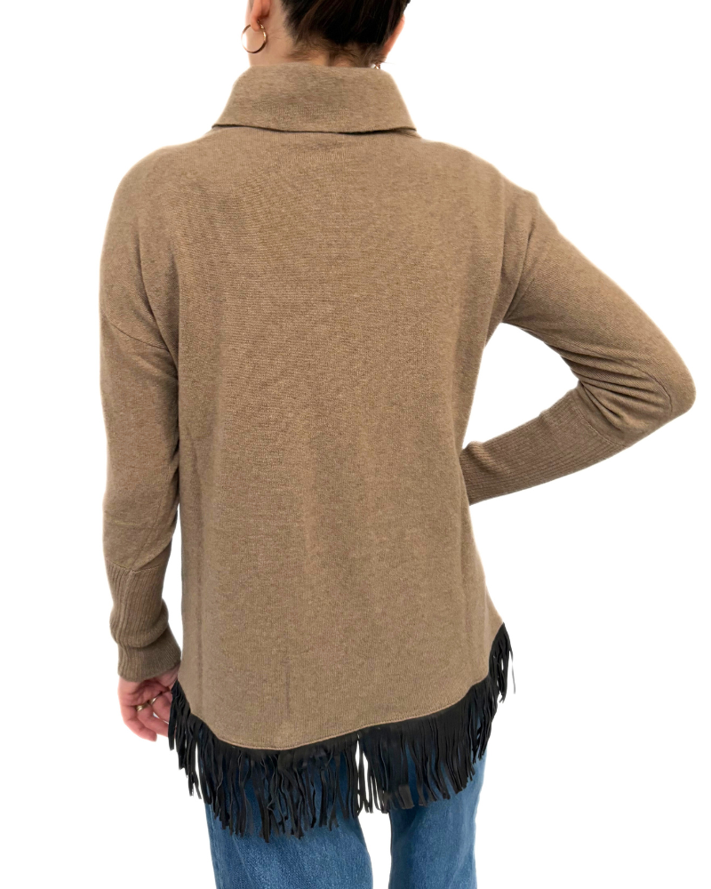 CASHMERE TUNIC WITH FRINGES, TOBACCO