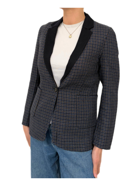 DOUBLE FACE STRETCH WOOL 1 BUTTON BLAZER: PLAID NAVY