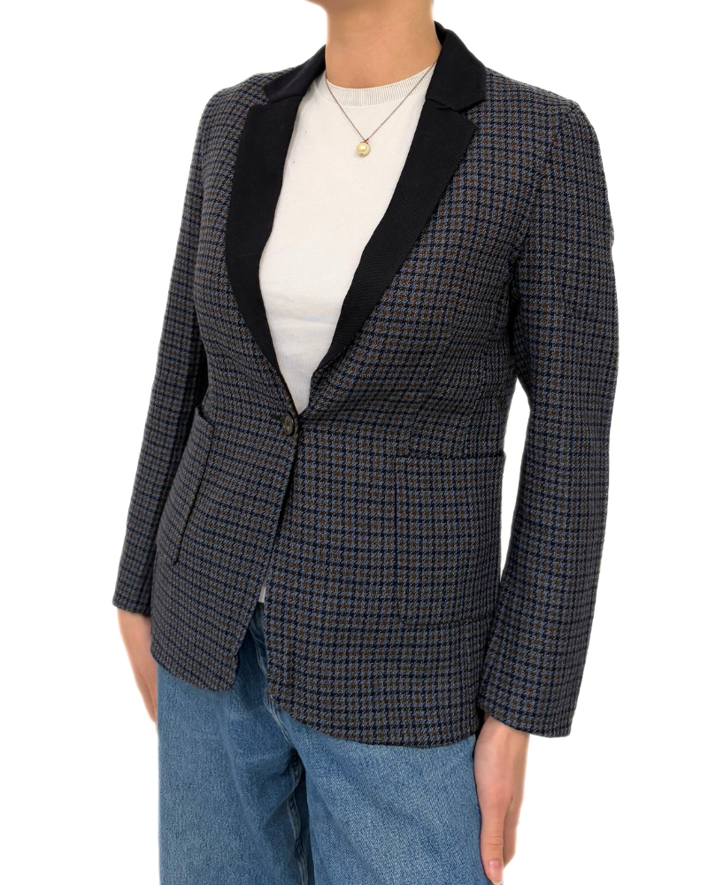 DOUBLE FACE STRETCH WOOL 1 BUTTON BLAZER: PLAID NAVY