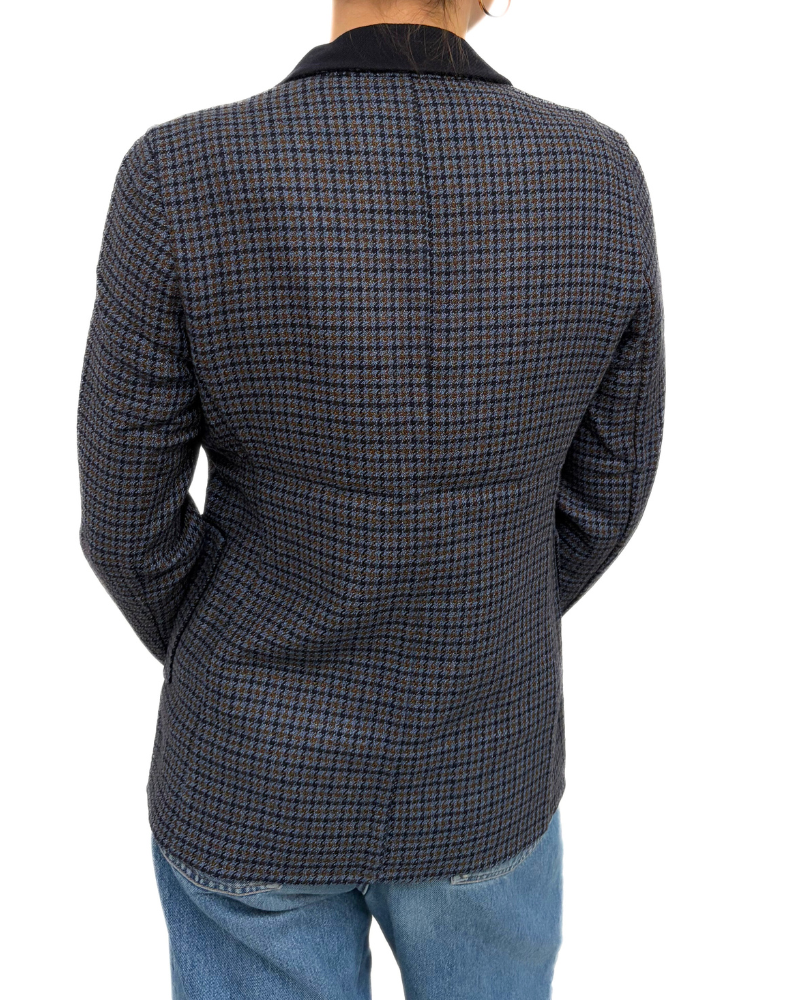 DOUBLE FACE STRETCH WOOL 1 BUTTON BLAZER: PLAID NAVY