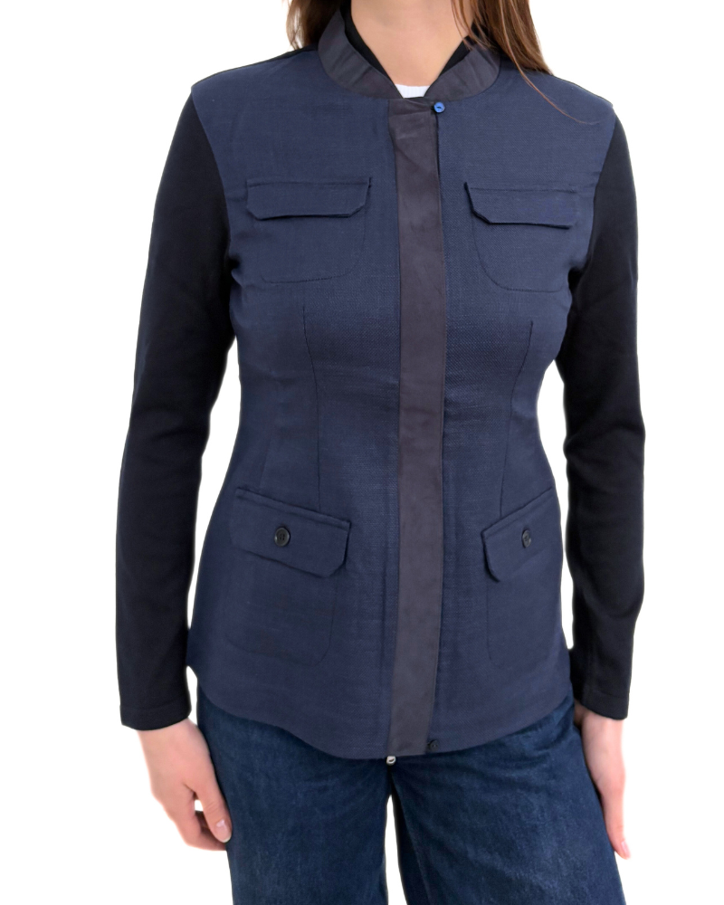 LINEN-SILK WOOL VEST WITH ULTRASUEDE: NAVY
