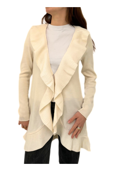 CASHMERE RUFFLED HEM OPEN CARDIGAN, IVORY