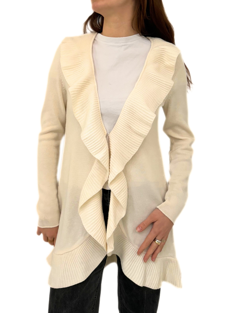 CASHMERE RUFFLED HEM OPEN CARDIGAN, IVORY