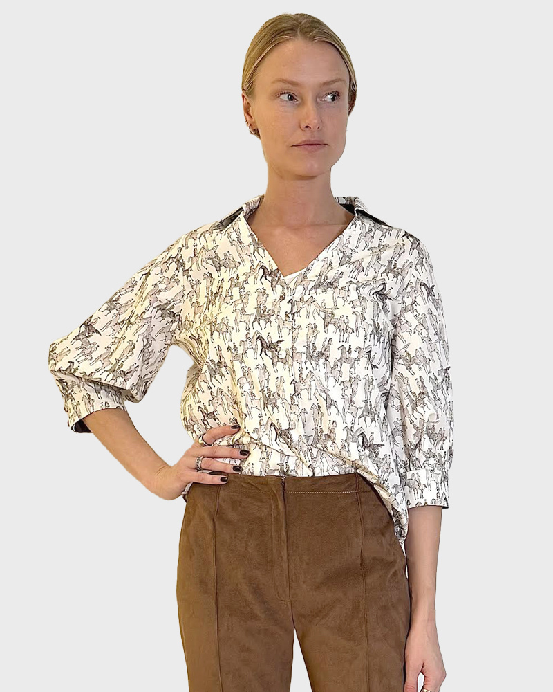 BALLOON MID SLEEVE AND V NECK SHIRT: KENSINGTON: BEIGE
