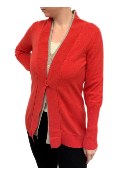 CASHMERE 2 LAYER CARDIGAN W/ CENTER SNAP DETAIL : CORAL -IVORY
