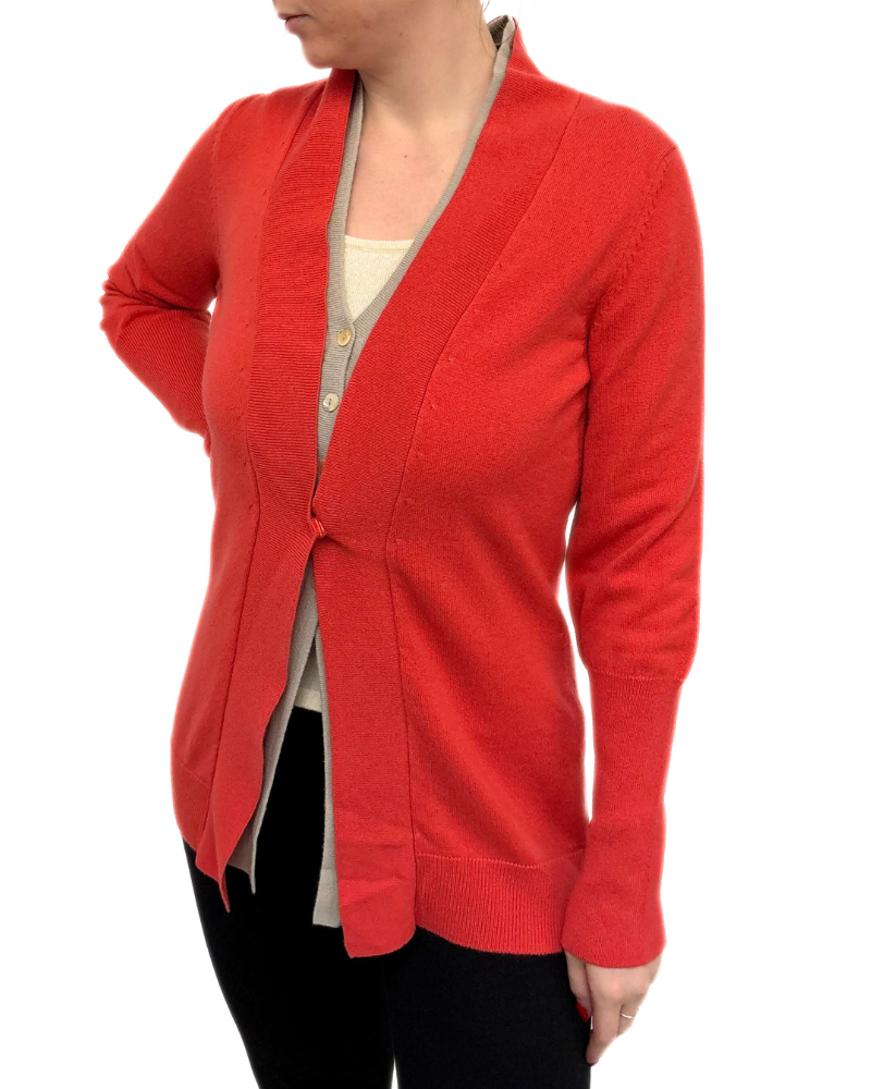 CASHMERE 2 LAYER CARDIGAN W/ CENTER SNAP DETAIL : CORAL -IVORY