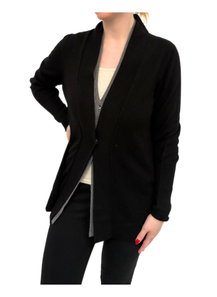 CASHMERE 2 LAYER CARDIGAN W/ CENTER SNAP DETAIL : BLACK
