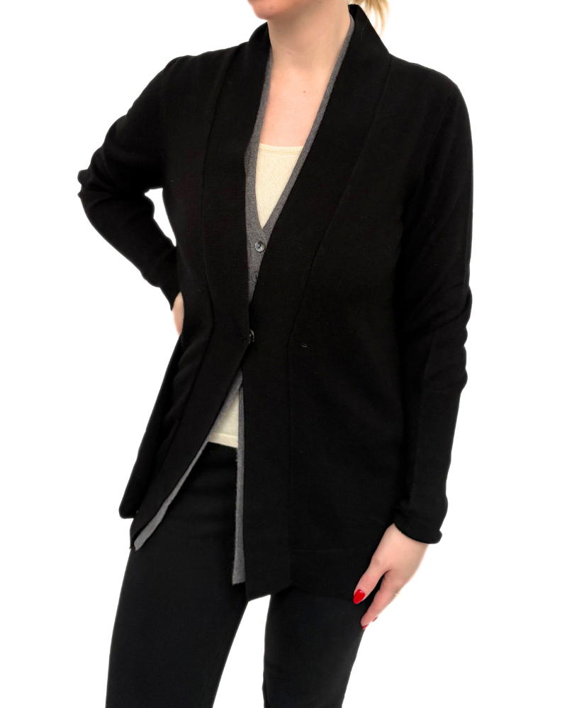 CASHMERE 2 LAYER CARDIGAN W/ CENTER SNAP DETAIL : BLACK