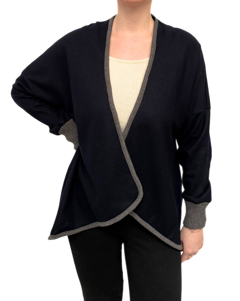 DRAPE FRONT SHRUG: MIDNIGHT BLUE: WOOL JERSEY