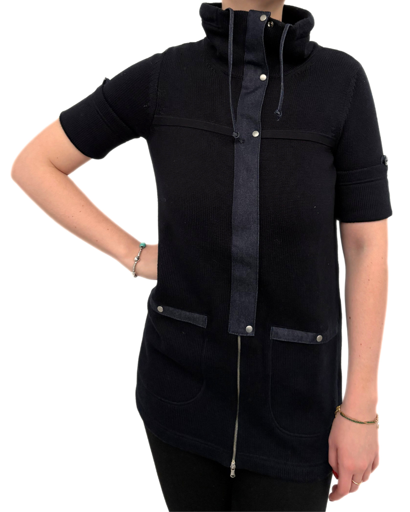 CROPPED SLEEVES JACKET: COTTON: NAVY-DENIM