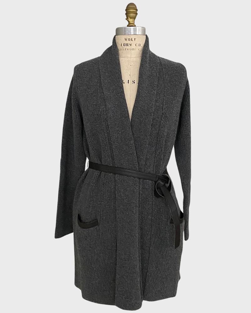SHAWL COLLAR CARDIGAN WITH LEATHER ACCENTS: DARK GRAY