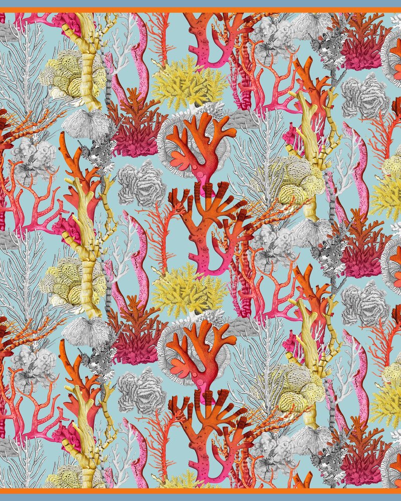 CASHMERE PRINTED  PONCHO: CORAL: TURQUOISE