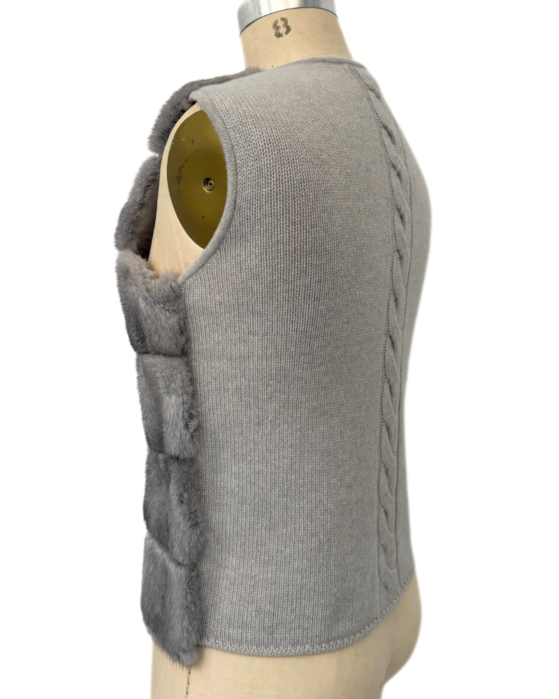 MINK FRONT VEST WITH CASHMERE RIB BACK - PEARL