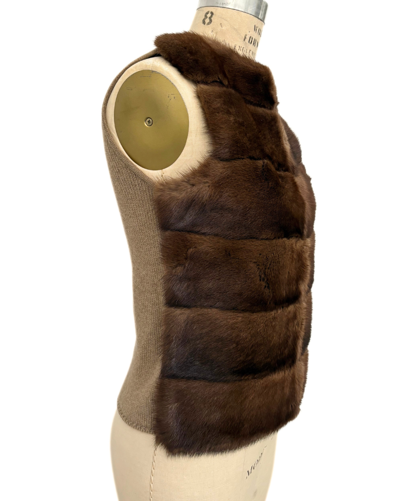 MINK FRONT VEST WITH CASHMERE RIB BACK - TOBACCO