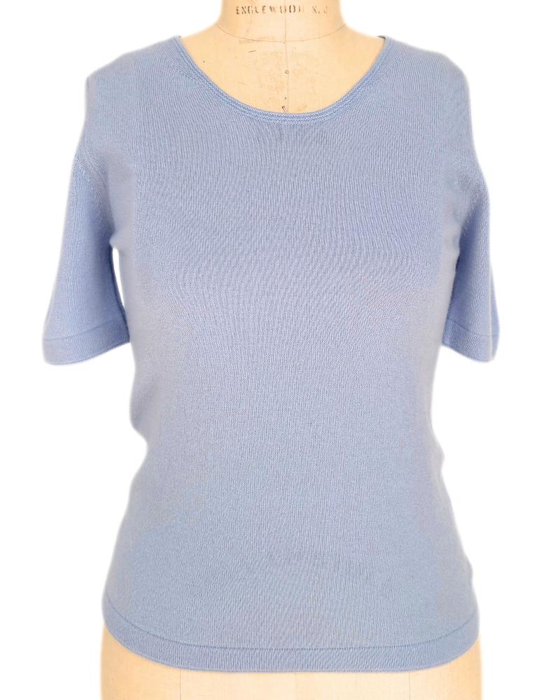 CASHMERE MIDDLE SLEEVES CREWNECK TOP: LIGHT BLUE