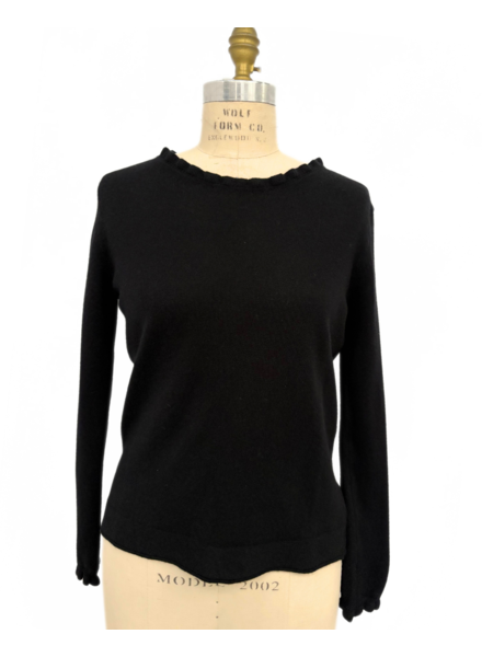 CASHMERE CREWNECK SWEATER W/ RUFFLE: BLACK