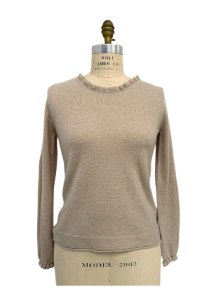 CASHMERE CREWNECK SWEATER W/ RUFFLE:  SAND