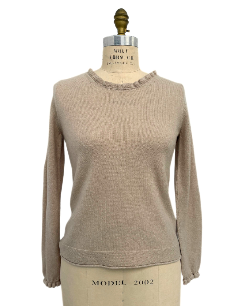 CASHMERE CREWNECK SWEATER W/ RUFFLE:  SAND